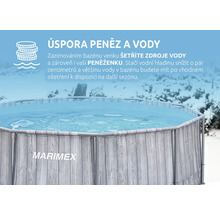 Nadzemní bazén Marimex v dekoru dřeva s informacemi o úspoře peněz a vody při zazimování.