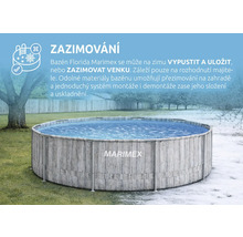 Bazén Marimex Florida v zahradě, zobrazený v přechodu mezi létem a zimou, s informacemi o možnostech zazimování.