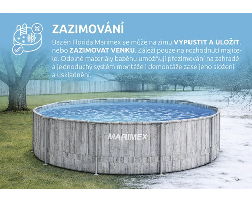 Bazén Marimex Florida v zahradě, zobrazený v přechodu mezi létem a zimou, s informacemi o možnostech zazimování.