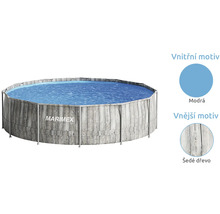Kruhový bazén s konstrukcí Marimex s motivem šedého dřeva na vnější straně a modrým vnitřkem.