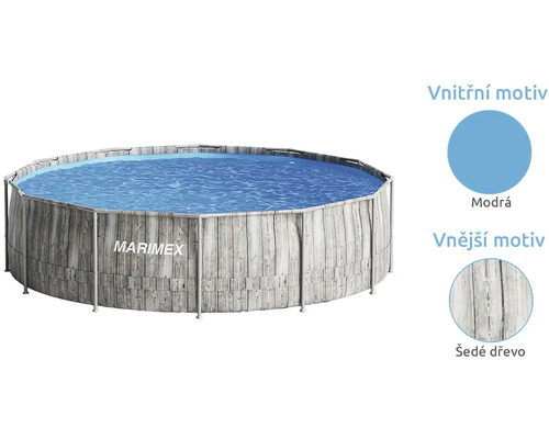 Kruhový bazén s konstrukcí Marimex s motivem šedého dřeva na vnější straně a modrým vnitřkem.