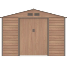 Kovový zahradní domek v dekoru dřeva se sedlovou střechou a dvojitými posuvnými dveřmi.