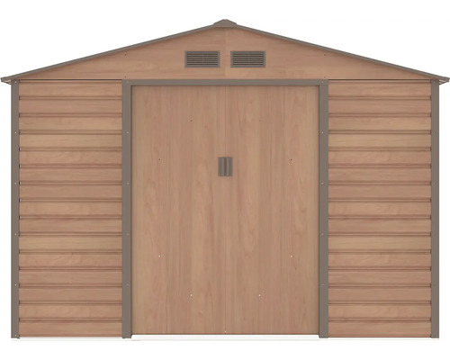 Kovový zahradní domek v dekoru dřeva se sedlovou střechou a dvojitými posuvnými dveřmi.