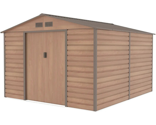 Kovový zahradní domek ve vzhledu dřeva s dvoukřídlými dveřmi a sedlovou střechou.