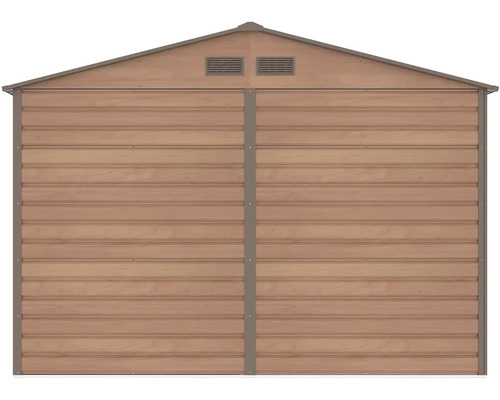 Kovový zahradní domek v dekoru dřeva, pohled zezadu se sedlovou střechou a dvěma ventilačními otvory ve štítu.