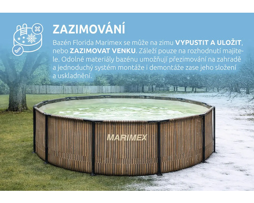 Kruhový nadzemní bazén Marimex Florida v dekoru dřeva na zahradě, zobrazený v letním i zimním prostředí pro ukázku venkovního zazimování.