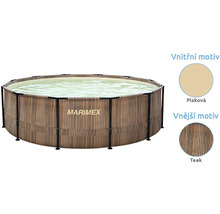 Nadzemní bazén s konstrukcí Marimex, vnější strana v dekoru teak a vnitřní strana v pískové barvě.