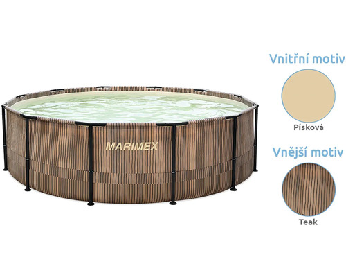 Nadzemní bazén s konstrukcí Marimex, vnější strana v dekoru teak a vnitřní strana v pískové barvě.