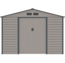 Šedý kovový zahradní domek se sedlovou střechou, dvoukřídlými dveřmi a větracími otvory.
