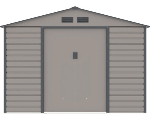 Šedý kovový zahradní domek se sedlovou střechou, dvoukřídlými dveřmi a větracími otvory.
