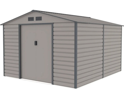 Šedý kovový zahradní domek se sedlovou střechou, dvojitými posuvnými dveřmi a větracími otvory.