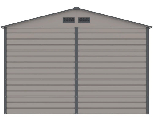 Kovový zahradní domek se sedlovou střechou a větracími otvory.