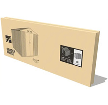 Kartonový obal zahradního domku G21 s nákresem kovového domku na nářadí, rozměry 213 krát 191 centimetrů a G21 Logo.