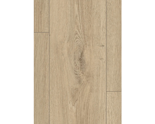 Laminátová podlaha v dekoru dubu se strukturou selského prkna, viditelnou kresbou dřeva a V-spárou.