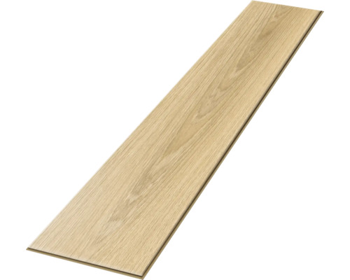 Jednotlivá podlahová lamela ve vzhledu světlého dřeva s klikovým systémem.