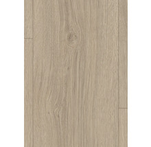 Laminátová podlaha se strukturou dubového dřeva a viditelným sukem.