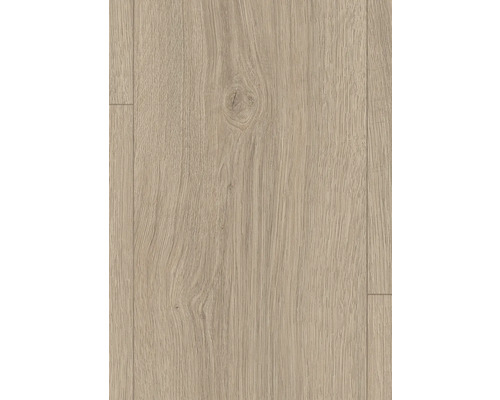Laminátová podlaha se strukturou dubového dřeva a viditelným sukem.