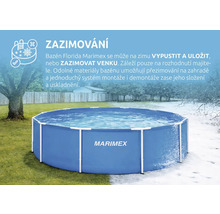 Rámový bazén Marimex Florida zobrazený v létě a v zimě pro znázornění možnosti ponechání venku i během mrazů.