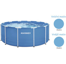 Marimex rámový bazén kulatý v modré barvě s bílou kovovou konstrukcí napuštěný vodou s modrým vnitřním a vnějším motivem.