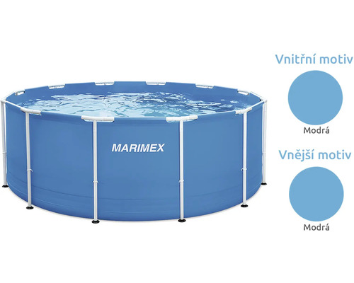 Marimex rámový bazén kulatý v modré barvě s bílou kovovou konstrukcí napuštěný vodou s modrým vnitřním a vnějším motivem.