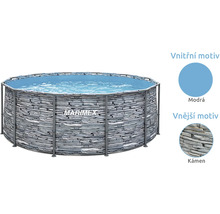 Kruhový rámový bazén Marimex s vnějším dekorem kamene a modrou vnitřní fólií.