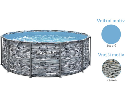 Kruhový rámový bazén Marimex s vnějším dekorem kamene a modrou vnitřní fólií.