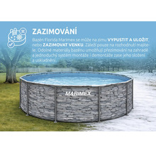 Kruhový nadzemní bazén Marimex Florida s dekorem kamene v zahradě rozdělené na letní a zasněženou zimní část s informacemi o zazimování.