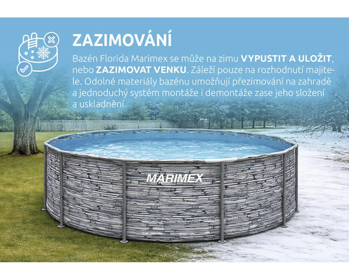 Kruhový nadzemní bazén Marimex Florida s dekorem kamene v zahradě rozdělené na letní a zasněženou zimní část s informacemi o zazimování.