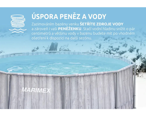 Nadzemní bazén Marimex s logem Marimex v zimě. Informace o úspoře vody a peněz díky správnému zazimování.