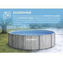 Bazén Marimex Florida v šedém dřevěném dekoru na zahradě, zobrazený při přechodu z léta do zimy s informacemi o možnostech zazimování.