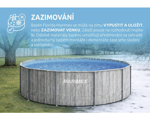 Bazén Marimex Florida v šedém dřevěném dekoru na zahradě, zobrazený při přechodu z léta do zimy s informacemi o možnostech zazimování.