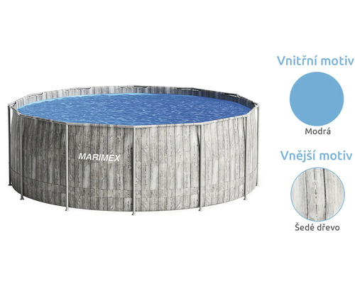 Kruhový nadzemní bazén Marimex s kovovým rámem, vnější stěnou v dekoru šedého dřeva a modrou vnitřní fólií.
