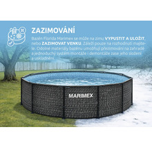 Nadzemní bazén Marimex Florida v zahradě se zobrazením léta i zimy a informacemi o možnosti zazimování venku. Marimex Logo.