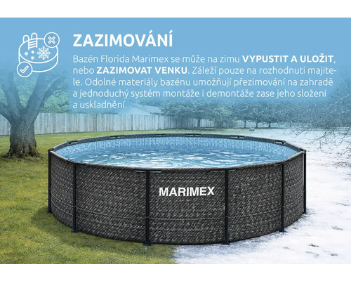 Nadzemní bazén Marimex Florida v zahradě se zobrazením léta i zimy a informacemi o možnosti zazimování venku. Marimex Logo.