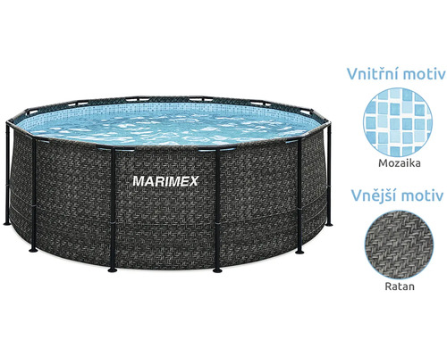 Nadzemní bazén Marimex s ratanovým motivem vně a mozaikovým vzorem uvnitř.
