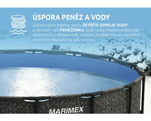 Bazén Marimex v zasněžené zimní krajině s informacemi o úspoře peněz a vody díky zazimování a Marimex Logo.