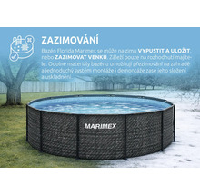 Bazén Marimex Florida v ratanovém designu na zahradě s Marimex Logo, v letní a zimní scéně pro ilustraci možnosti zazimování venku.
