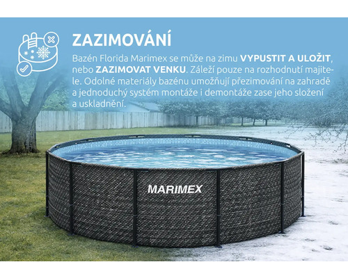 Bazén Marimex Florida v ratanovém designu na zahradě s Marimex Logo, v letní a zimní scéně pro ilustraci možnosti zazimování venku.