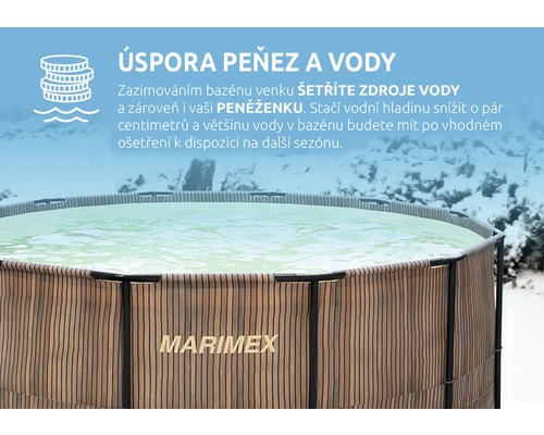 Nadzemní bazén Marimex v zasněžené krajině. Text o úspoře peněz a vody díky zazimování. Symbol úspory. Marimex Logo.