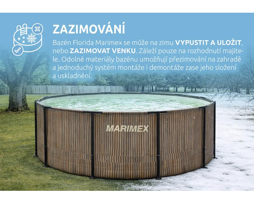 Nadzemní bazén Marimex Florida s dekorem dřeva, umístěný na zahradě se sněhem pro ukázku možnosti zazimování venku.