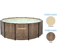 Kruhový rámový bazén Marimex s motivem teak na vnější straně a motivem písku na vnitřní straně. Marimex Logo.