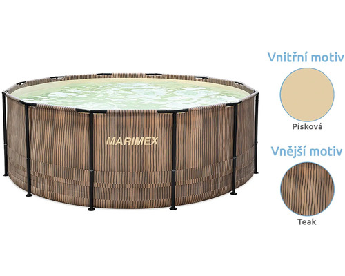 Kruhový rámový bazén Marimex s motivem teak na vnější straně a motivem písku na vnitřní straně. Marimex Logo.