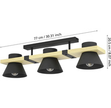 Tříramenné stropní svítidlo z černého kovu a světlého dřeva s rozměry: délka 77 centimetrů a výška 20,5 centimetrů.