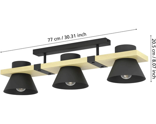 Tříramenné stropní svítidlo z černého kovu a světlého dřeva s rozměry: délka 77 centimetrů a výška 20,5 centimetrů.