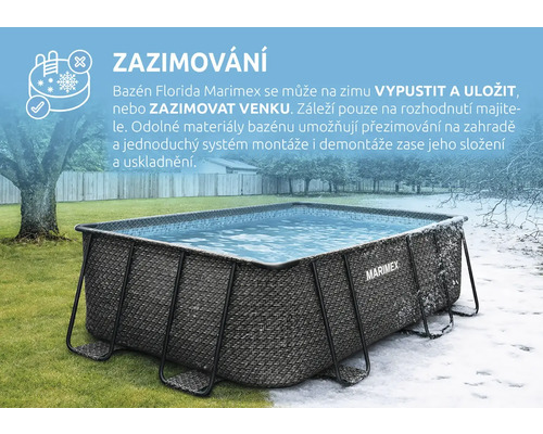 Obdélníkový rámový bazén Marimex v ratanovém vzhledu, mrazuvzdorný, zobrazený v letním i zimním prostředí.