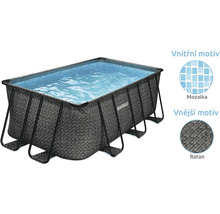Obdélníkový nadzemní bazén Marimex s vodou, vnější motiv ratan a vnitřní motiv mozaika.