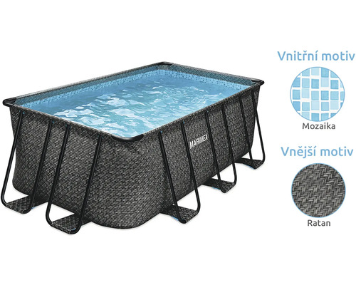 Obdélníkový nadzemní bazén Marimex s vodou, vnější motiv ratan a vnitřní motiv mozaika.