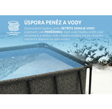 Nadzemní bazén se sníženou hladinou vody v zasněžené zimní zahradě s textem o úspoře peněz a vody při zazimování.