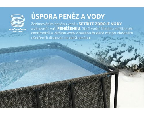 Nadzemní bazén se sníženou hladinou vody v zasněžené zimní zahradě s textem o úspoře peněz a vody při zazimování.