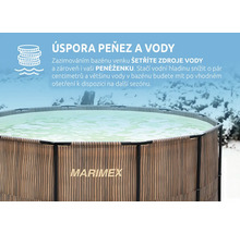 Nadzemní bazén Marimex s dekorem dřeva v zimě. Infografika o úspoře peněz a vody při správném zazimování bazénu. Marimex Logo.